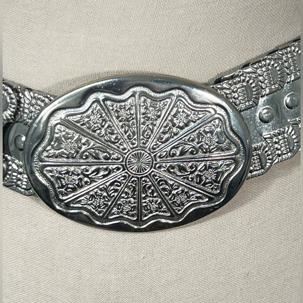 Vintage Glam Boho Silver Stretch Belt Medium Ornate Statement Waist Accessory